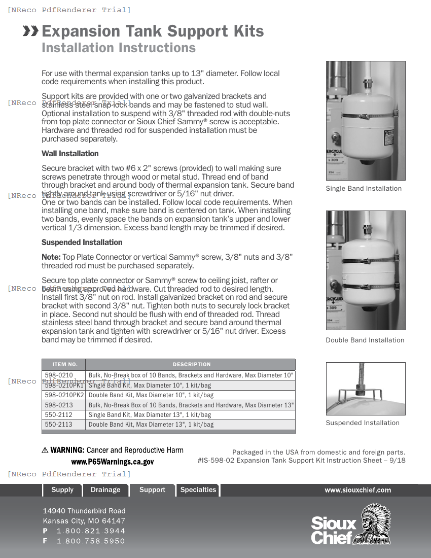 598 SERIES - EXPANSION TANK SUPPORT KIT - INSTRUCTION SHEET.PDF Technical Document